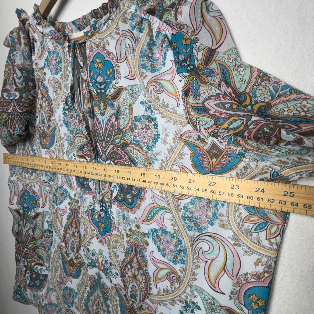LOFT Paisley Floral Tie Neck Blouse Blue Pink Teal Size XL Sheer‎ Feminine Boho - Picture 7 of 9
